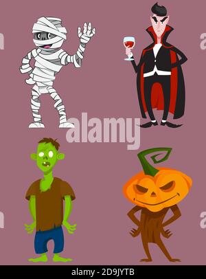 Insieme di mostri in piedi. Personaggi di Halloween in stile cartoon. Illustrazione Vettoriale