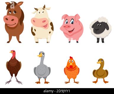 Set di animali da fattoria vista frontale. Personaggi femminili in stile cartoon. Illustrazione Vettoriale