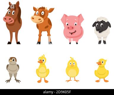 Set di animali da fattoria vista frontale. Personaggi giovani in stile cartoon. Illustrazione Vettoriale