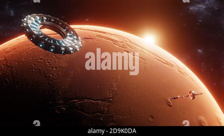 Vista di Marte e di una navicella spaziale da satellito utilizzando alta tecnologia. Stazione spaziale internazionale orbitante terra. Stazione spaziale galleggiante centro di ricerca navetta. Immagini dalla NASA. Illustrazione 3D con rendering Foto Stock