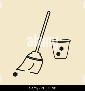 Set di icone per la pulizia, scopa e secchio, illustrazione in linea sottile Illustrazione Vettoriale