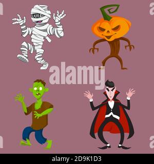 Insieme di mostri in pose intimidatorie. Personaggi di Halloween in stile cartoon. Illustrazione Vettoriale