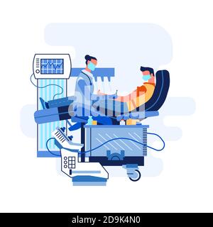 Paziente su appuntamento medico, illustrazione vettoriale, trattamento medico, attrezzature moderne, studio medico, maschere mediche Illustrazione Vettoriale