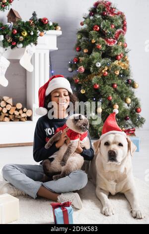 gioiosa ragazza afroamericana che tiene il gatto peloso mentre si siede vicino labrador e albero di natale Foto Stock