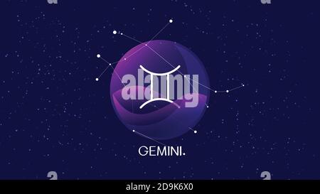 Segno Gemini, sfondo zodiaco. Bella e semplice immagine vettoriale della notte, cielo stellato con la costellazione zodiacale gemini dietro la sfera di vetro Illustrazione Vettoriale