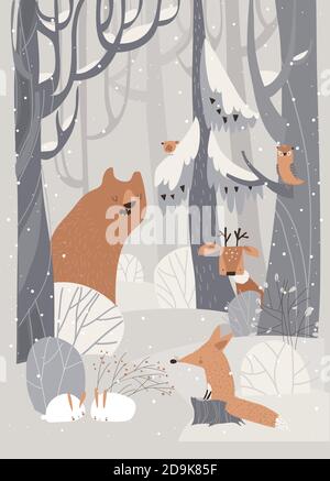 Cartoon animali carini incontro inverno nella foresta Illustrazione Vettoriale
