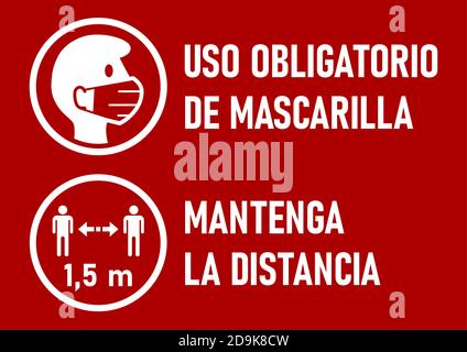 Icone di avvertimento in spagnolo 'Uso Obligatorio de Mascarilla' (maschere facciali richieste) e 'Mantenga la Distancia' (mantenere la distanza) 1,5 m. Immagine vettoriale. Illustrazione Vettoriale