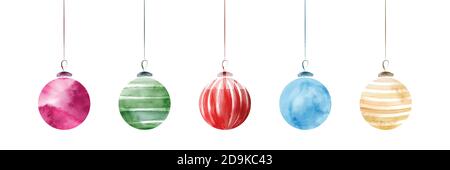 Set di palle di natale creative con acquerello luminoso dipinto a mano isolato su sfondo bianco. Illustrazione vettoriale utilizzata per la decorazione a disegno Illustrazione Vettoriale