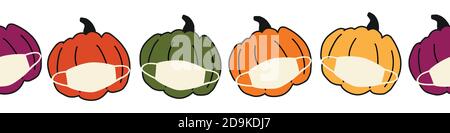 Bordo vettoriale senza giunture Corona Pumpkin. Zucche che indossano maschere per il viso. Virus Covid 19 modello di ripetizione del Ringraziamento. Per la decorazione di Holiday 2020, piè di pagina Illustrazione Vettoriale