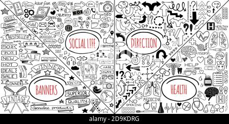 MEGA insieme di diversi doodles isolati su sfondo bianco Illustrazione Vettoriale