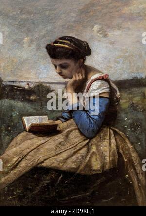 Una donna di lettura, Camille Corot, 1869-1870, Metropolitan Museum of Art, Manhattan, New York City, Stati Uniti d'America, America del Nord Foto Stock