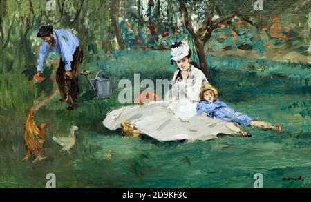 La famiglia Monet nel loro giardino a Argenteuil, Edouard Manet, 1874, Metropolitan Museum of Art, Manhattan, New York City, Stati Uniti d'America, America del Nord Foto Stock