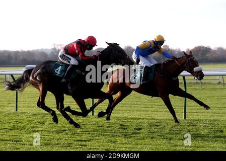 Fliptatious Girl guidato da Jockey David Bass (a destra) sulla loro strada per vincere la British EBF Mares' Standard Open NH Flat Race (GBB Race) (Div 1) al Warwick Racecourse. Foto Stock