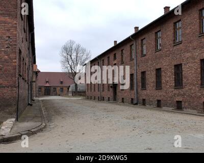 Un corridoio austero nei blocchi di Auschwitz-Birkenau campo di concentramento museo, Oswiecim, Polonia Foto Stock