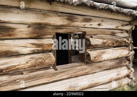Particolare della vecchia storica cabina in legno di Cunningham costruita nel 1888. Grand Teton National Park, Wyoming, Stati Uniti. Foto Stock