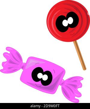 Cute caramella e Lollipop in stile cartoon Illustrazione Vettoriale