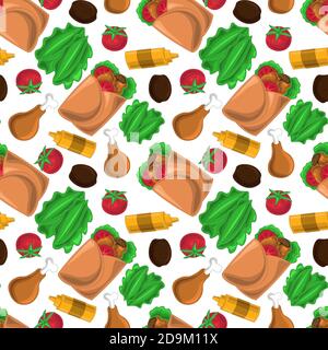 Pattern vettoriale senza cuciture con Shawarma e ingredienti Illustrazione Vettoriale