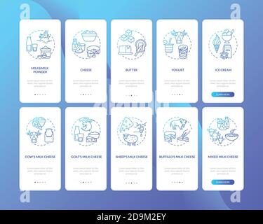 Schermata della pagina dell'app mobile onboarding blu del settore lattiero-caseario con insieme di concetti Illustrazione Vettoriale