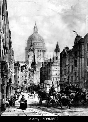 Fleet Street a Londra nel 1850 durante il regno di Regina Vittoria e l'era di Charles Dickens Foto Stock