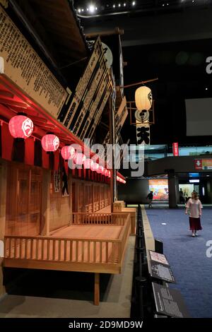 Replica di dimensioni complete della facciata del Teatro Nakamura-Za Kabuki Mostra al Museo Edo-Tokyo.quartiere Ryogoku.Sumida-Ku.Tokyo.Giappone Foto Stock