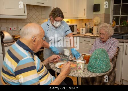 Coppie anziane negli anni 80 a casa loro che hanno il tè servito da un assistente di assistenza sociale durante il blocco pandemico del coronavirus, Inghilterra, Regno Unito Foto Stock