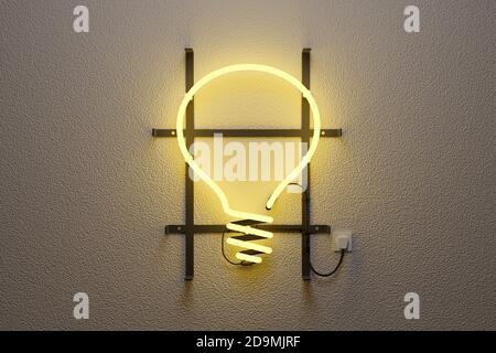 Immagine 3d realistica della luce al neon gialla con la forma di una lampadina. Concetto di idea. illustrazione 3d. Foto Stock