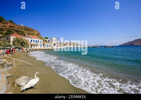 Ormos Korthiou, isola di Andros, Cicladi, Grecia - spiaggia nel villaggio di pescatori di Ormos Korthiou. Foto Stock