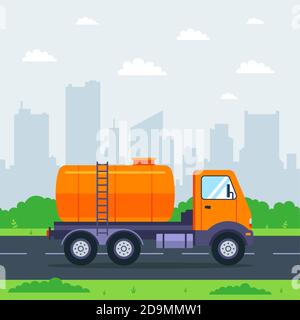 un carro armato attraversa la città sullo sfondo della città. trasporto di carichi liquidi. illustrazione vettoriale piatta. Illustrazione Vettoriale