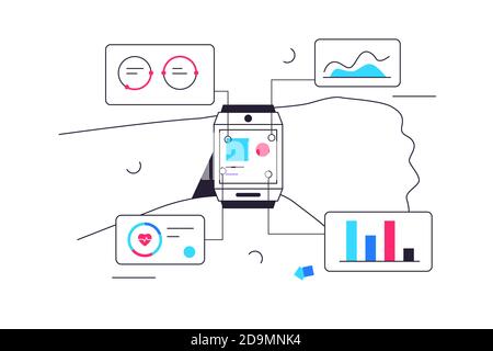 Concetto di moderno orologio intelligente a portata di mano in stile piatto Illustrazione Vettoriale