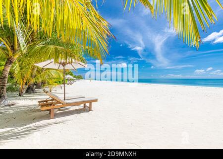 Resort di spiaggia tropicale, paesaggio di spiaggia di sabbia bianca di lusso, destinazione turistica estiva, vacanza Foto Stock