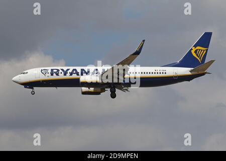 Un Boeing Ryanair 737-800 atterra all'aeroporto di Francoforte il 14 agosto 2018 (Credit: Robert Smith | MI News) Foto Stock