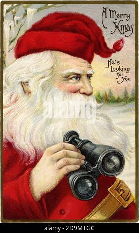 Vecchia carta di Natale. Babbo Natale con binocolo 'ti sta cercando' Foto Stock