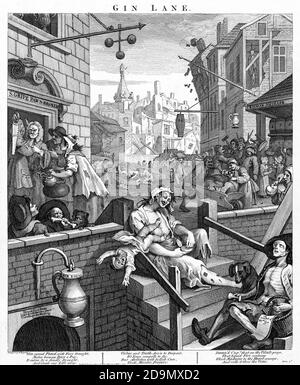 Gin Lane di William Hogarth (1697-1764), incisione e incisione, 1751 Foto Stock