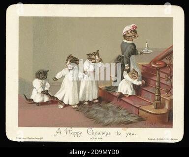 Gatti che desiderano un Buon Natale. Vecchia illustrazione della scheda chrismas in uno stile vintage. Foto Stock