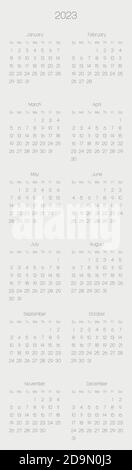 Calendario mensile dell'anno 2023. La settimana inizia la domenica. Blocco di mesi in due colonne e sei file disposizione verticale. Design minimalista e sottile. Illustrazione vettoriale. Illustrazione Vettoriale