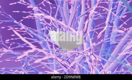 farfalla bianca bassa poly seduta sul ramo dell'albero rosa nella foresta delle fate, messa a fuoco morbida, rendering 3d Foto Stock