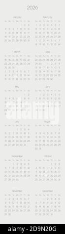 Calendario mensile dell'anno 2026. La settimana inizia la domenica. Blocco di mesi in due colonne e sei file disposizione verticale. Design minimalista e sottile. Illustrazione vettoriale. Illustrazione Vettoriale