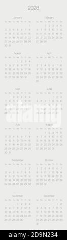 Calendario mensile dell'anno 2028. La settimana inizia la domenica. Blocco di mesi in due colonne e sei file disposizione verticale. Design minimalista e sottile. Illustrazione vettoriale. Illustrazione Vettoriale