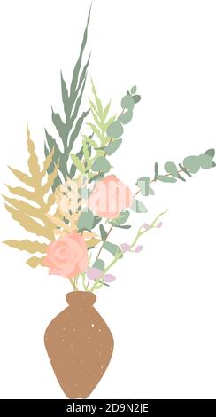 Elegante bouquet di boho pastello disegnato a mano in un vaso testurizzato. Isolato su sfondo bianco. Vettore stock Illustrazione Vettoriale