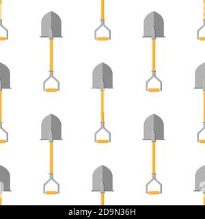 Modello senza cuciture con pale a cartoni animati su sfondo bianco. Vanga da giardino. Attrezzo di giardinaggio. Illustrazione vettoriale per qualsiasi progetto. Illustrazione Vettoriale