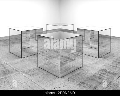 Quattro cubetti a specchio si trovano all'interno della stanza bianca con pavimento in cemento grigio, arte astratta dell'installazione, rappresentazione in 3d Foto Stock