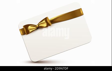 Cartoncino rettangolare con angoli arrotondati e nastro dorato avvolto stretto ad un'archetto elegante. Illustrazione realistica e dettagliata del modello con spazio per la copia Illustrazione Vettoriale
