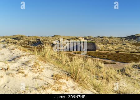 Casa dell'Età del ferro sull'isola di Amrum, Nebel, Isole Frisone del Nord, Schleswig-Holstein, Germania del Nord, Germania, Europa Foto Stock