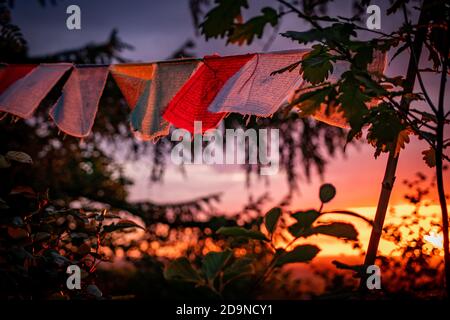 bandiere di preghiera nepalesi che sventolano durante il tramonto Foto Stock