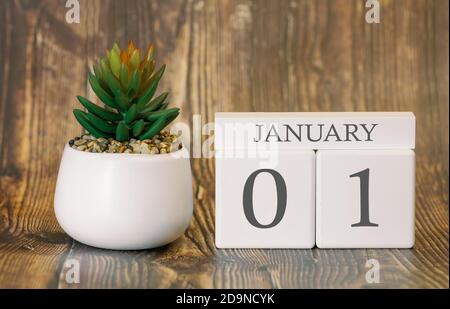 Vaso di fiori e calendario per la stagione della neve dal 01 gennaio. Periodo invernale. Foto Stock