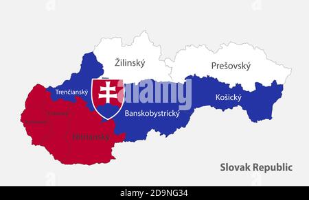 Mappa della Repubblica slovacca nei colori del Bandiera Slovacchia con divisioni amministrative vettore Illustrazione Vettoriale