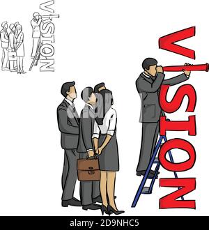 leader uomo d'affari in piedi sulla scala e utilizzare il telescopio alla ricerca illustrazione del vettore di destinazione schizzo doodle mano disegnata con linee nere isolato su w Illustrazione Vettoriale