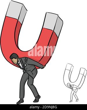 Uomo d'affari in tuta che tiene grande magnete vettore illustrazione schizzo doodle mano disegnata con linee nere isolate su sfondo bianco. Concetto aziendale. Illustrazione Vettoriale