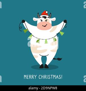 Toro con albero di garland, biglietto di auguri di Natale. Simbolo del nuovo anno: Vacca, bufalo o vitello. Buon Natale e Felice Anno Nuovo. Vettore di vacanze di carattere animale disegnato a mano Illustrazione Vettoriale