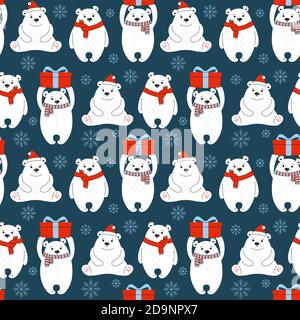 Orso polare senza cuciture di Natale. Cartoon carino orsi con cappello rosso, regalo. Grafica tessile, capodanno mammiferi animali teddy, carta da imballaggio. Animali divertenti inverno celebrare sfondo vettore scuro Illustrazione Vettoriale